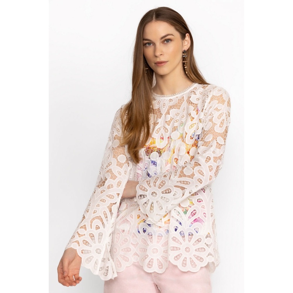 Johnny Was NWT $435 Lisetta Lace Blouse White Floral Guipure Bell Sleeve Small